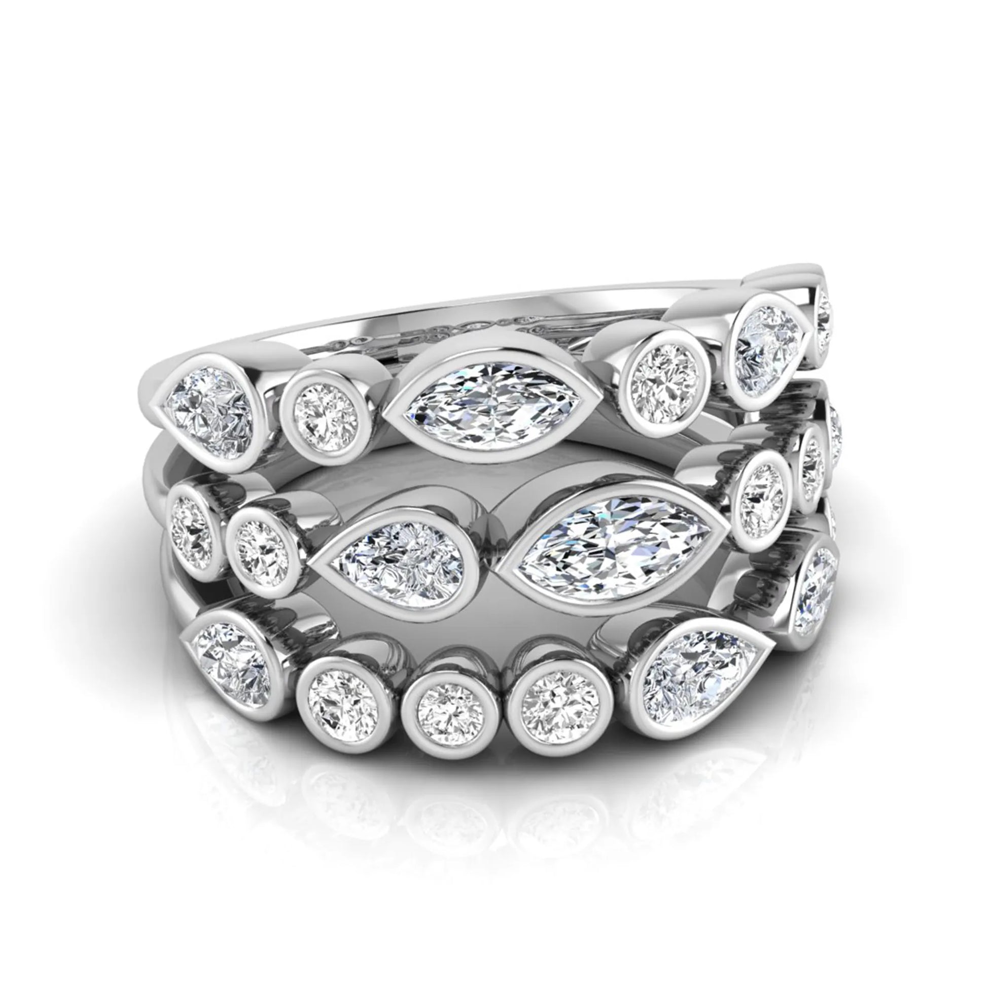Multi shape lab grown diamond stacking ring featuring marquise, pear, and round bezel set diamonds totaling 1.50 carats in white gold.