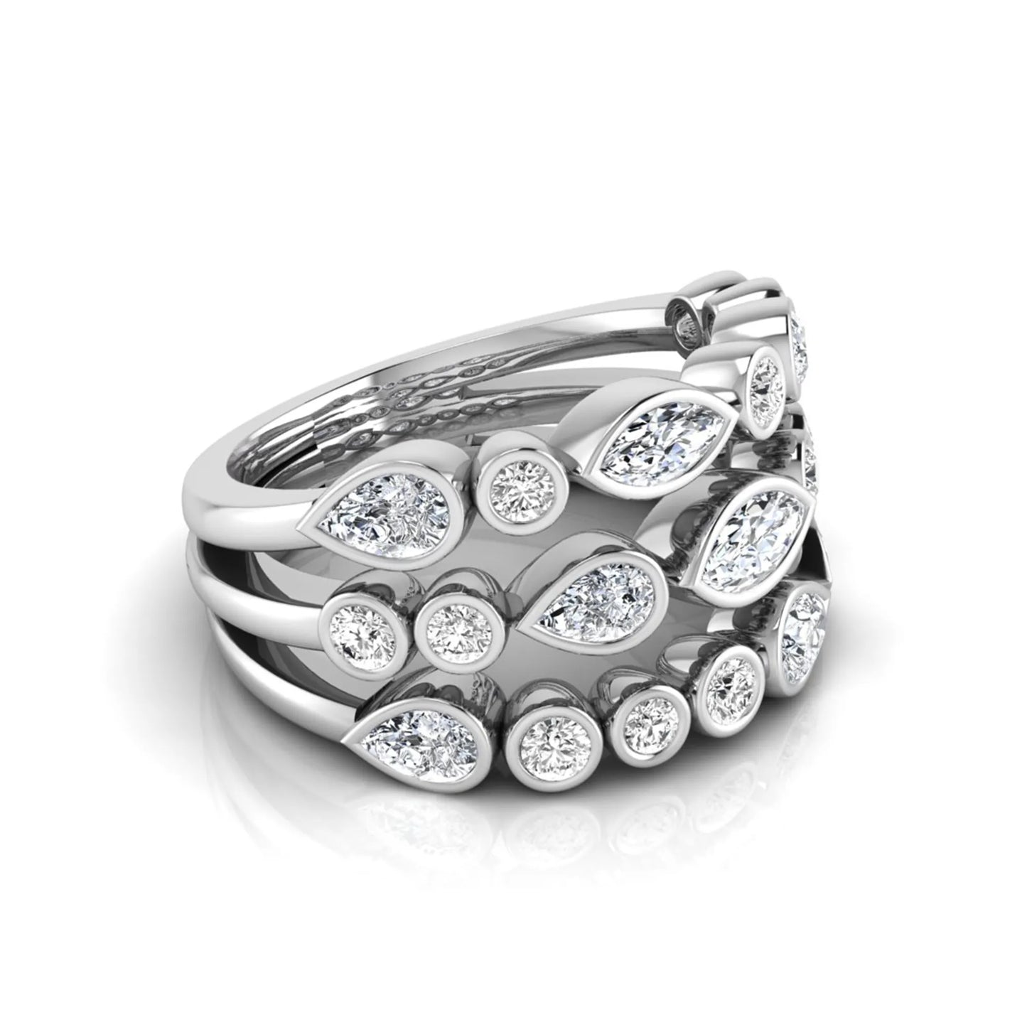 Multi shape lab grown diamond stacking ring featuring marquise, pear, and round bezel set diamonds totaling 1.50 carats in white gold.