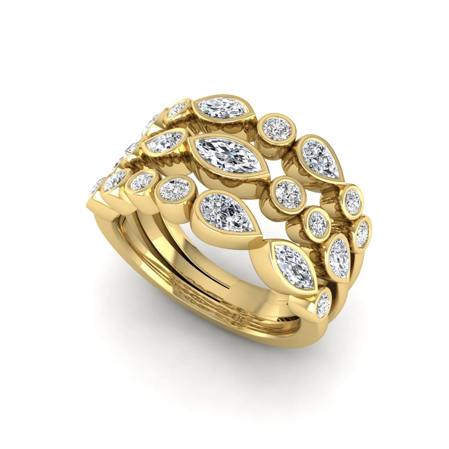 Multi shape lab grown diamond stacking ring featuring marquise, pear, and round bezel set diamonds totaling 1.50 carats in yellow gold.