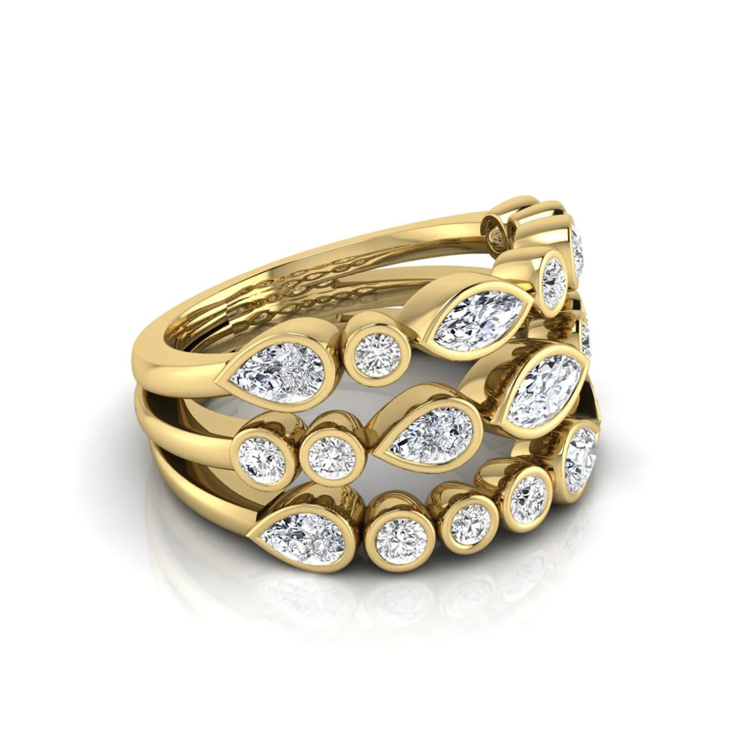 Multi shape lab grown diamond stacking ring featuring marquise, pear, and round bezel set diamonds totaling 1.50 carats in yellow gold.