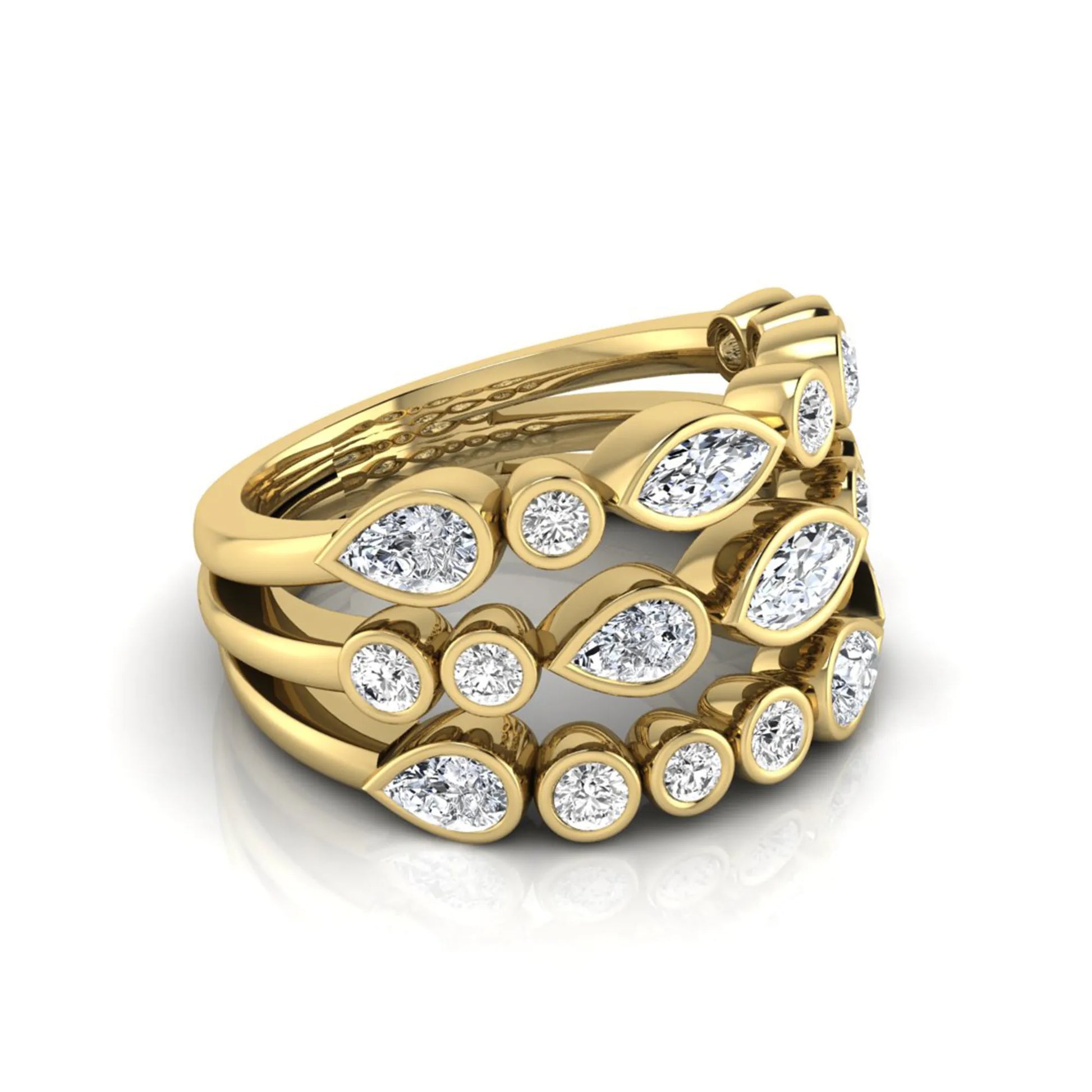 Multi shape lab grown diamond stacking ring featuring marquise, pear, and round bezel set diamonds totaling 1.50 carats in yellow gold.