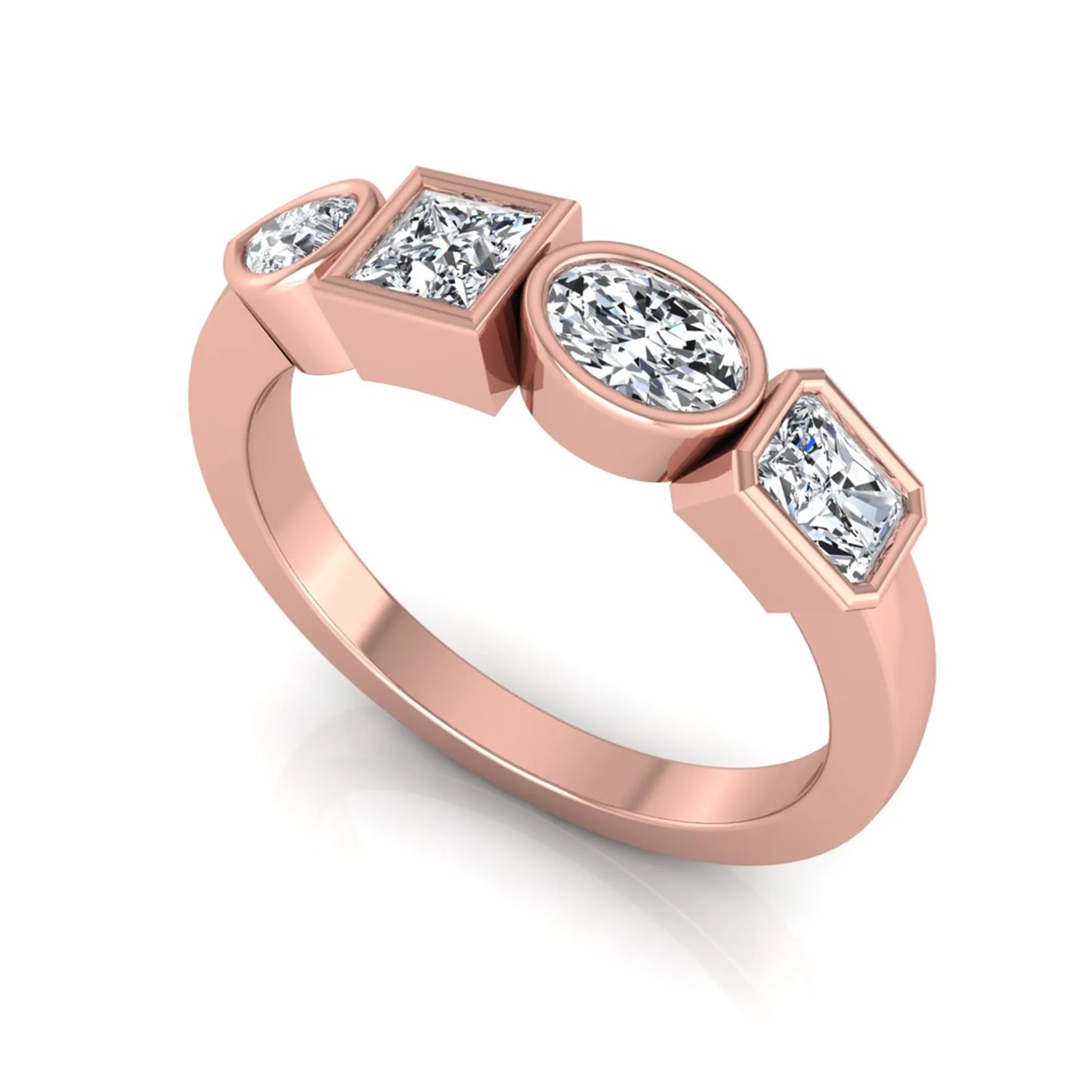 rose gold Multi shape lab grown diamond statement ring featuring princess, radiant, oval and pear cut diamonds in bezel settings