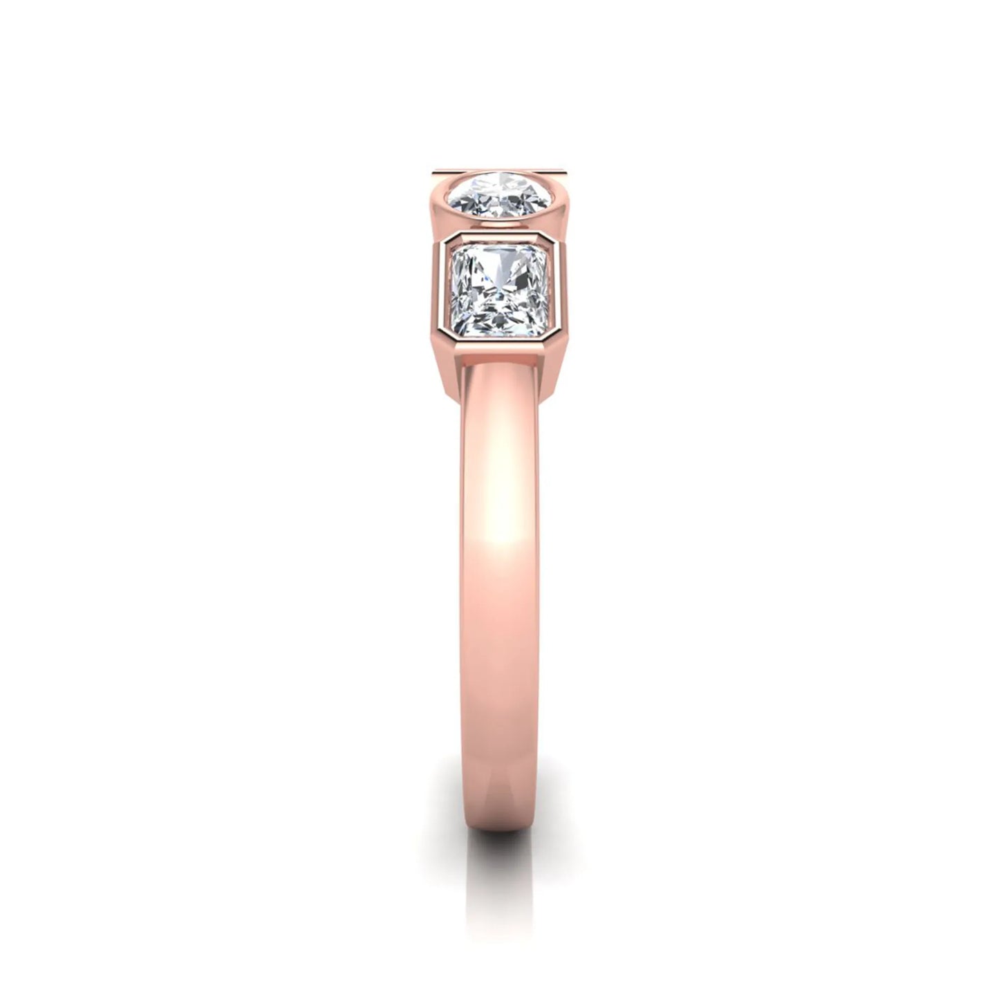 rose gold Multi shape lab grown diamond statement ring featuring princess, radiant, oval and pear cut diamonds in bezel settings