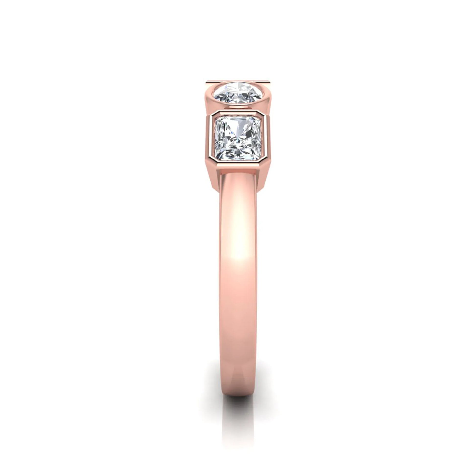 rose gold Multi shape lab grown diamond statement ring featuring princess, radiant, oval and pear cut diamonds in bezel settings