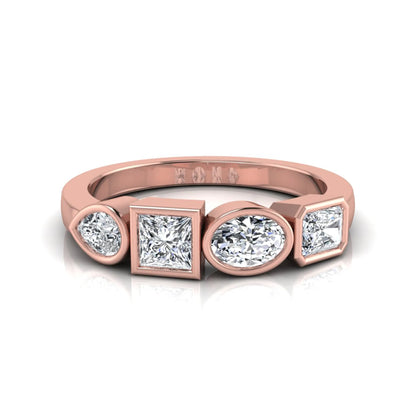rose gold Multi shape lab grown diamond statement ring featuring princess, radiant, oval and pear cut diamonds in bezel settings