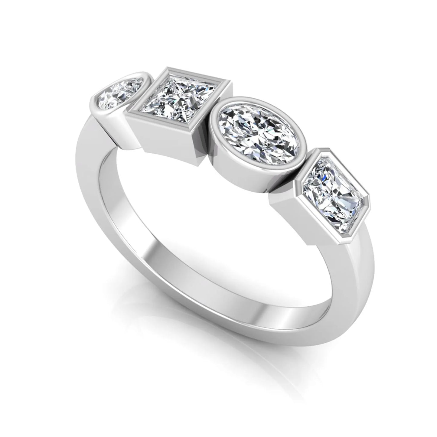 white gold Multi shape lab grown diamond statement ring featuring princess, radiant, oval and pear cut diamonds in bezel settings