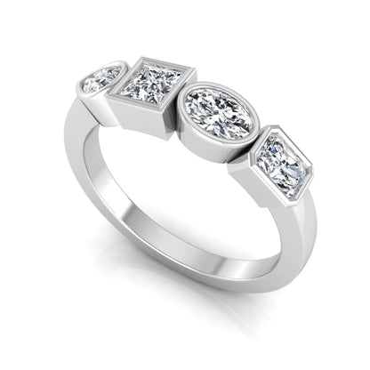 white gold Multi shape lab grown diamond statement ring featuring princess, radiant, oval and pear cut diamonds in bezel settings