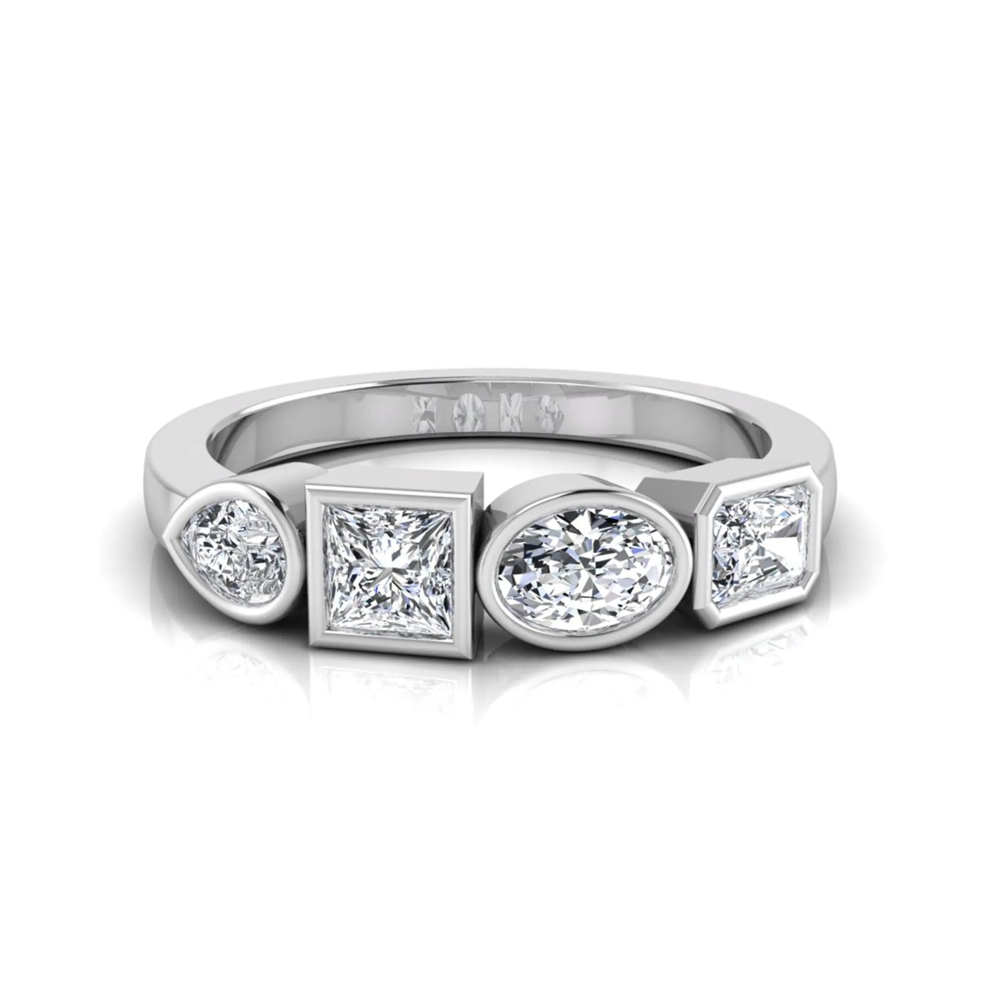 white gold Multi shape lab grown diamond statement ring featuring princess, radiant, oval and pear cut diamonds in bezel settings