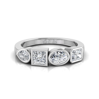 white gold Multi shape lab grown diamond statement ring featuring princess, radiant, oval and pear cut diamonds in bezel settings