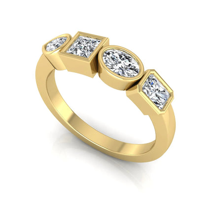 Yellow gold Multi shape lab grown diamond statement ring featuring princess, radiant, oval and pear cut diamonds in bezel settings