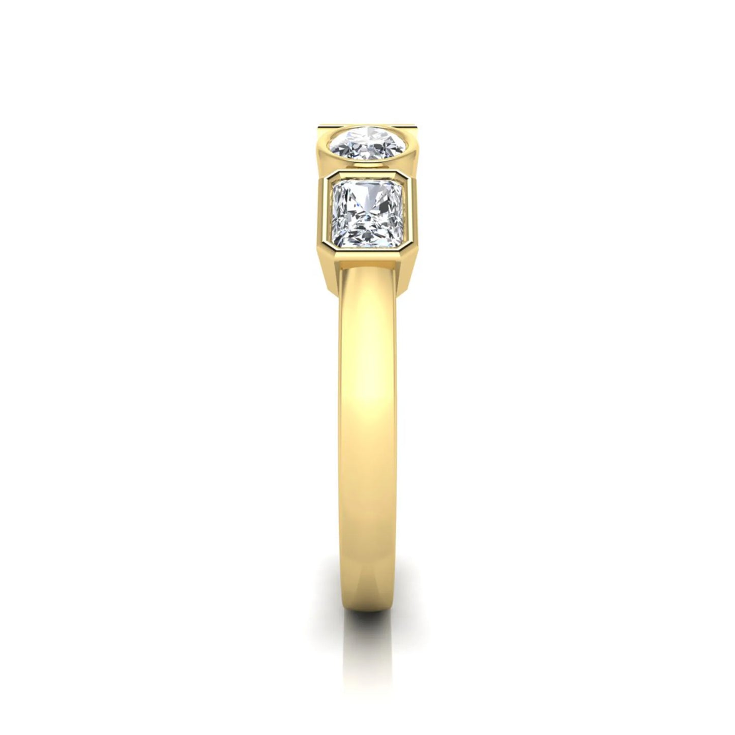 Yellow gold Multi shape lab grown diamond statement ring featuring princess, radiant, oval and pear cut diamonds in bezel settings
