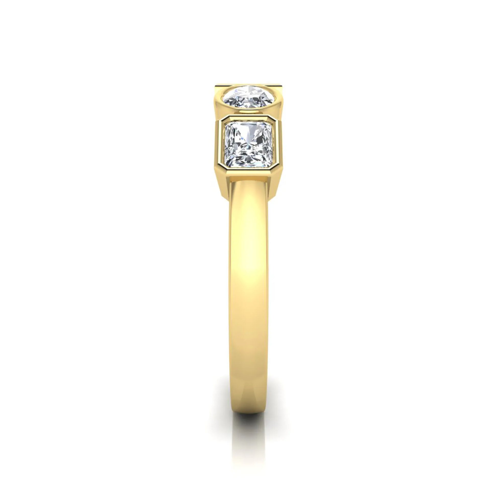 Yellow gold Multi shape lab grown diamond statement ring featuring princess, radiant, oval and pear cut diamonds in bezel settings