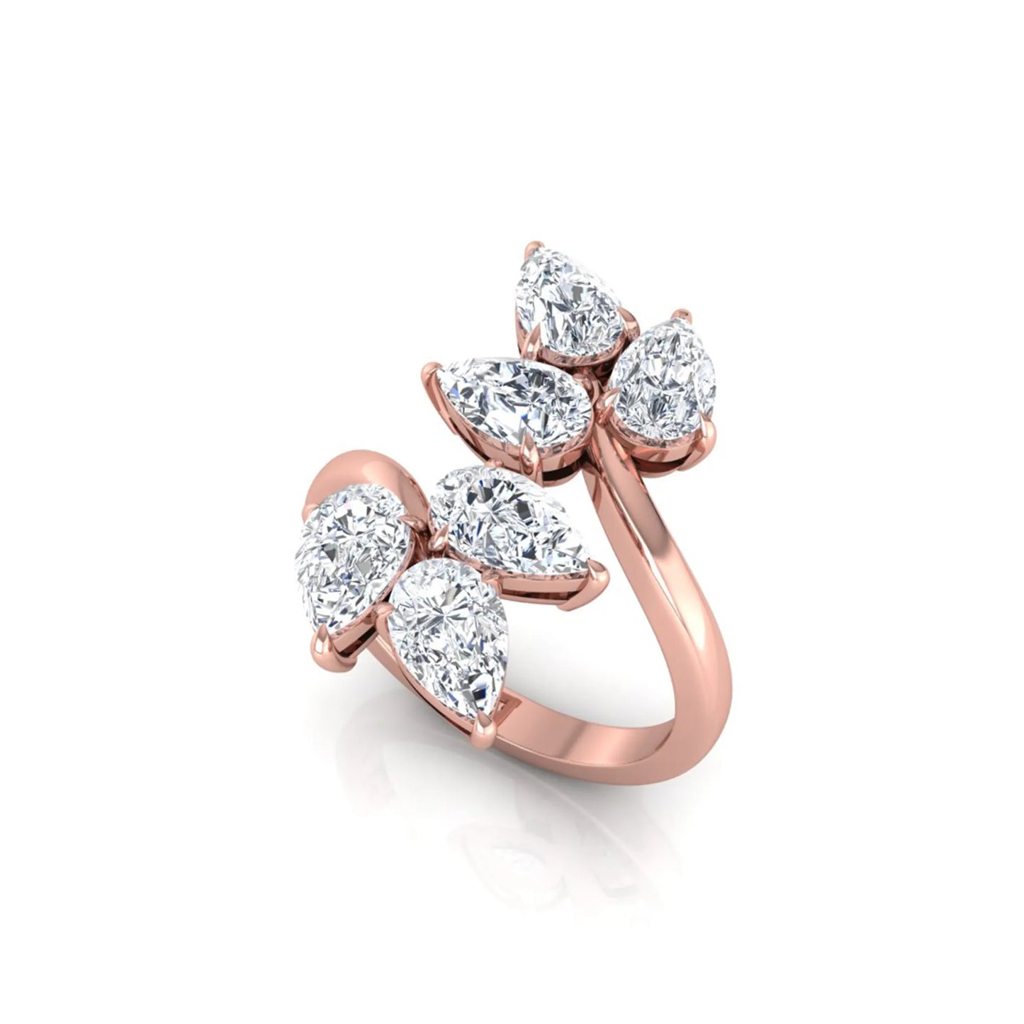 Nature Inspired Pear Cut Lab Grown Diamond Open Wrap Ring featuring pear-shaped diamonds in a prong setting with an elegant rose gold tone open wrap leaf-inspired design.