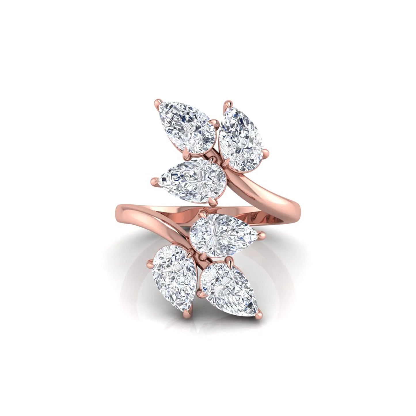 Nature Inspired Pear Cut Lab Grown Diamond Open Wrap Ring featuring pear-shaped diamonds in a prong setting with an elegant rose gold tone open wrap leaf-inspired design.