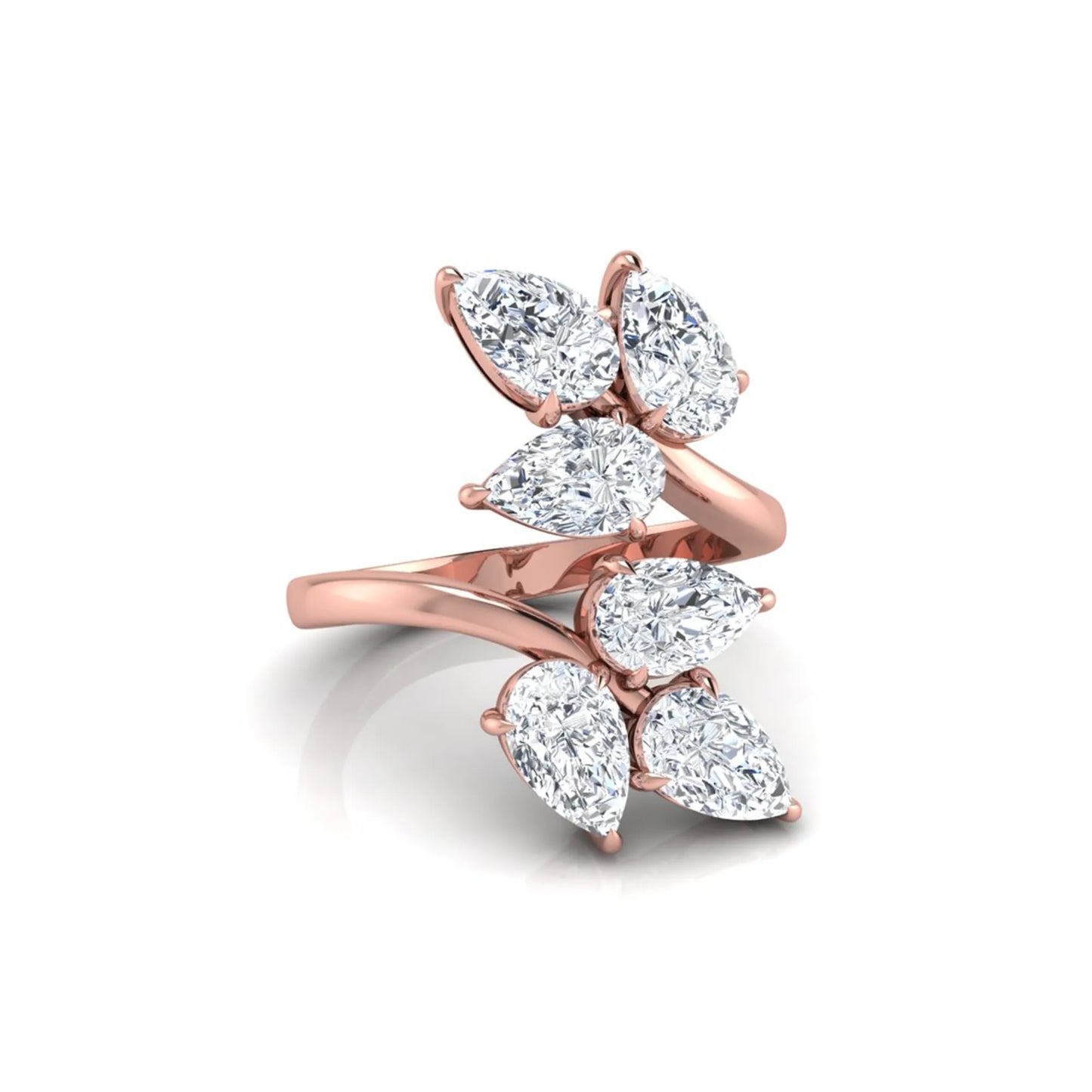 Nature Inspired Pear Cut Lab Grown Diamond Open Wrap Ring featuring pear-shaped diamonds in a prong setting with an elegant rose gold tone open wrap leaf-inspired design.