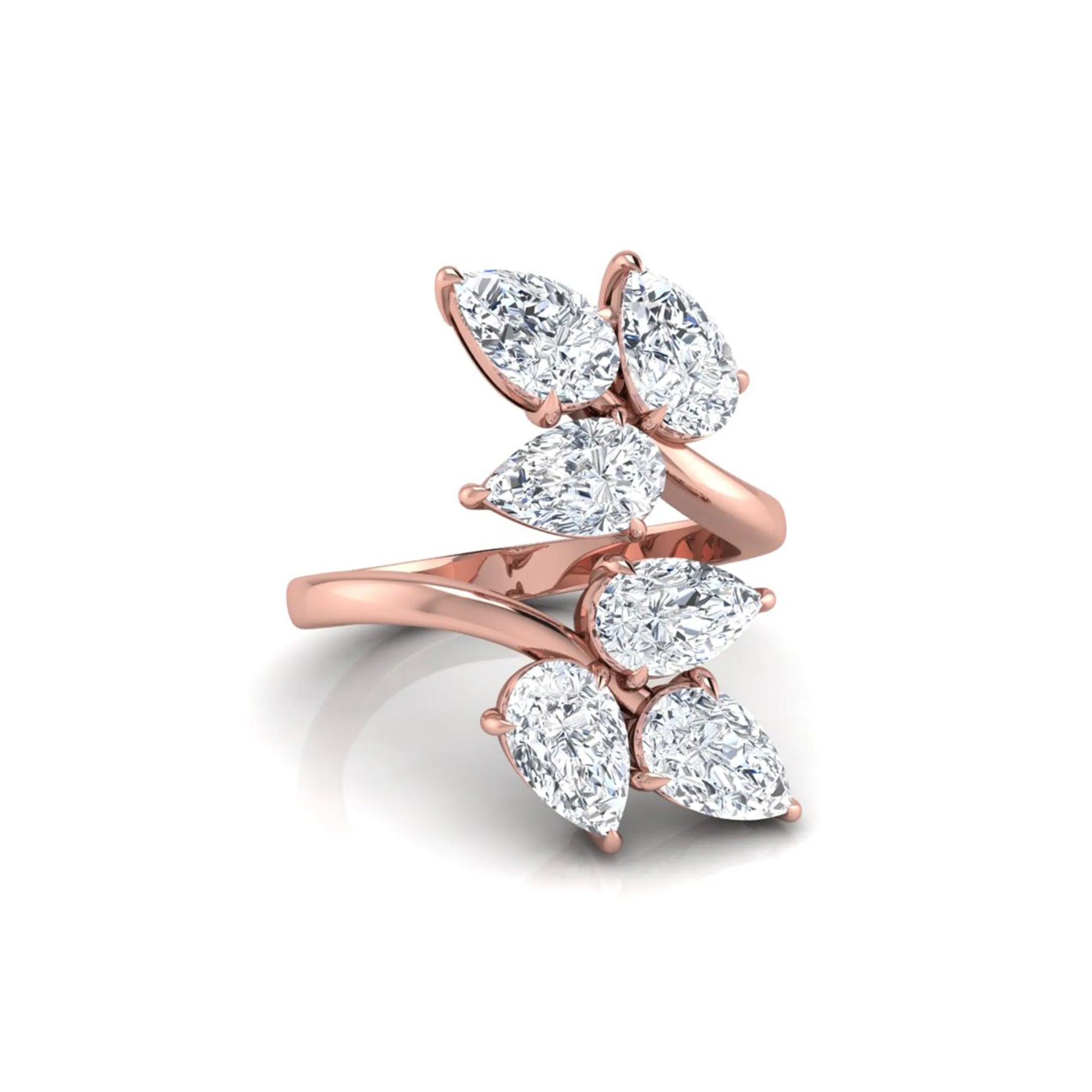 Nature Inspired Pear Cut Lab Grown Diamond Open Wrap Ring featuring pear-shaped diamonds in a prong setting with an elegant rose gold tone open wrap leaf-inspired design.
