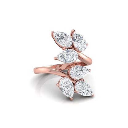 Nature Inspired Pear Cut Lab Grown Diamond Open Wrap Ring featuring pear-shaped diamonds in a prong setting with an elegant rose gold tone open wrap leaf-inspired design.