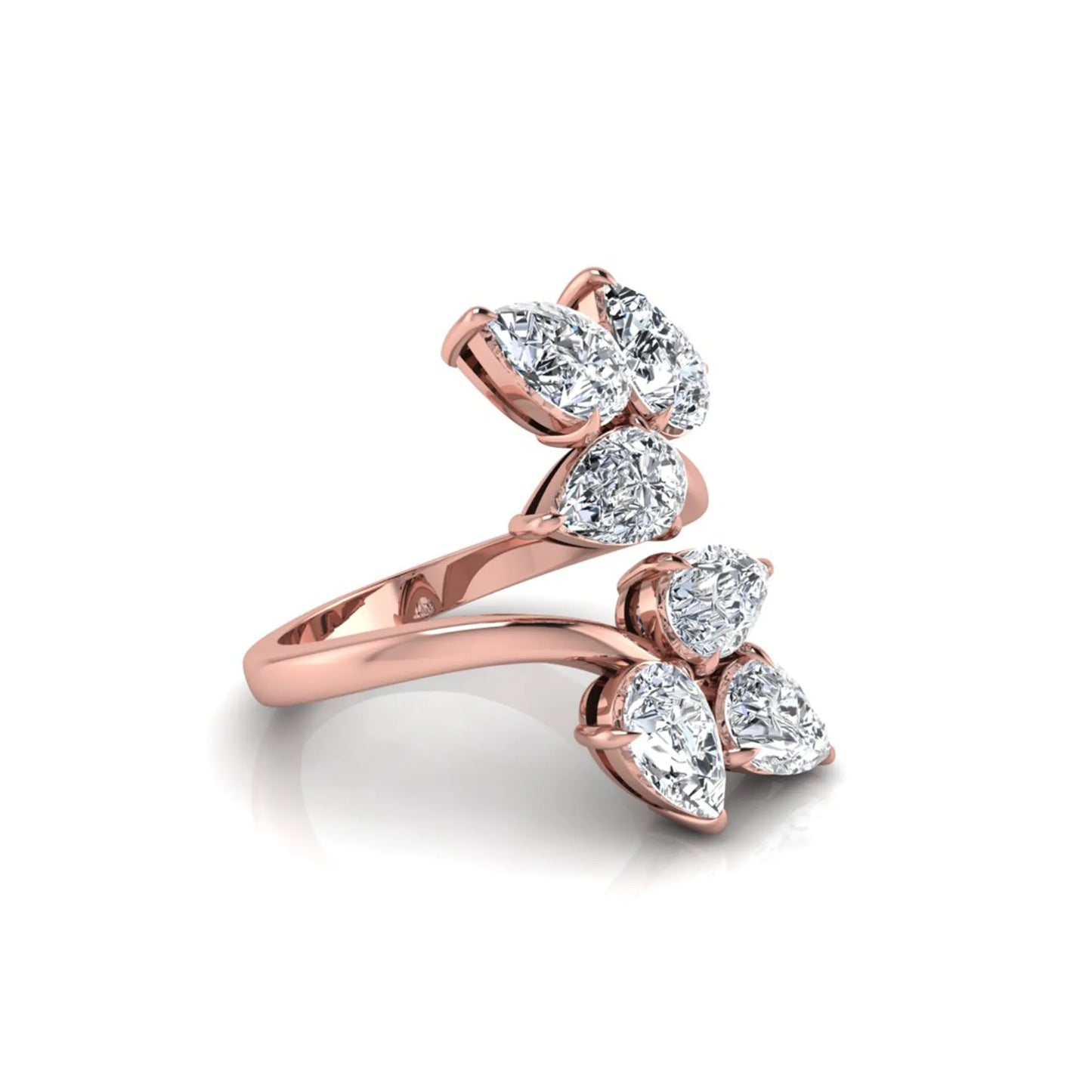 Nature Inspired Pear Cut Lab Grown Diamond Open Wrap Ring featuring pear-shaped diamonds in a prong setting with an elegant rose gold tone open wrap leaf-inspired design.