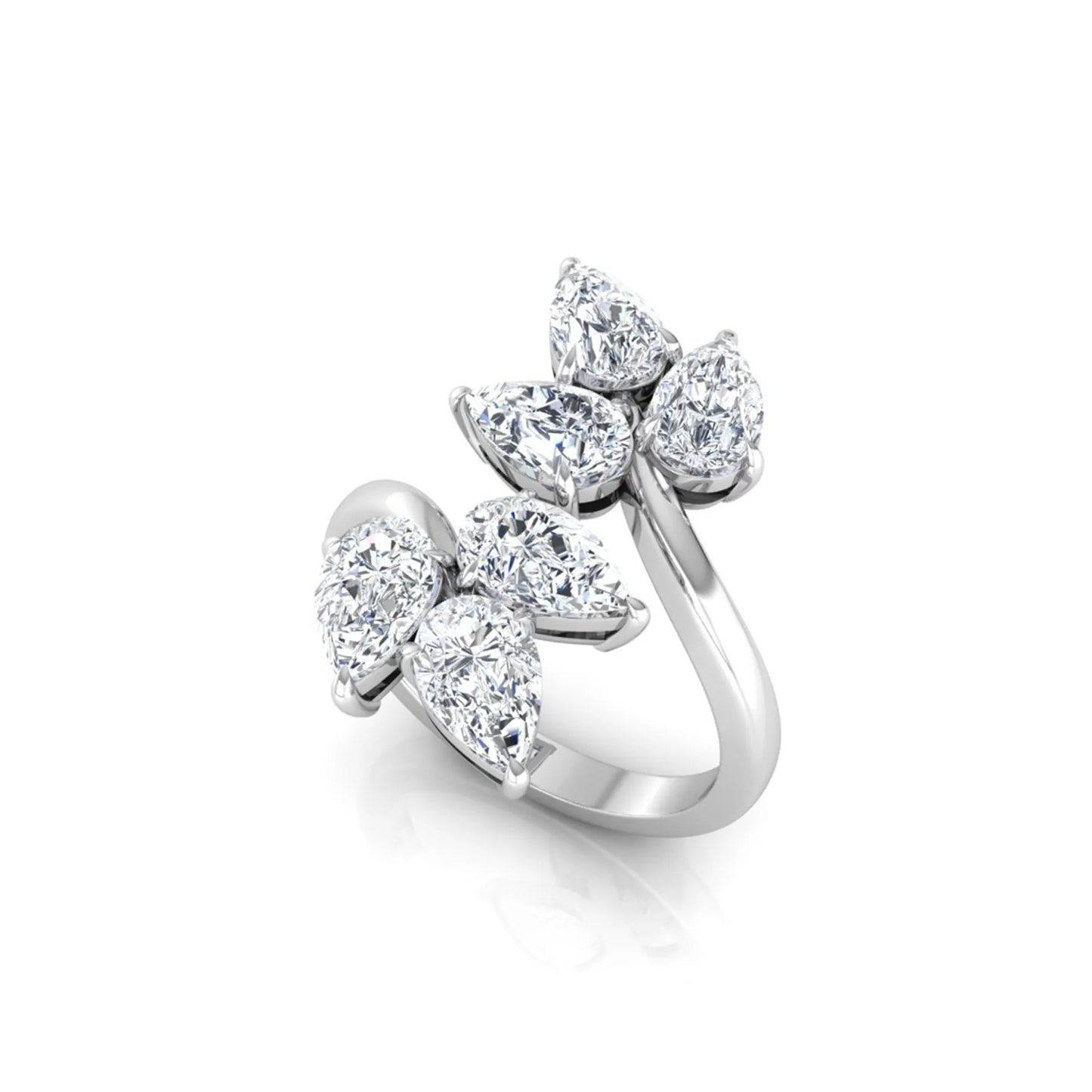 Nature Inspired Pear Cut Lab Grown Diamond Open Wrap Ring featuring pear-shaped diamonds in a prong setting with an elegant white gold tone open wrap leaf-inspired design.