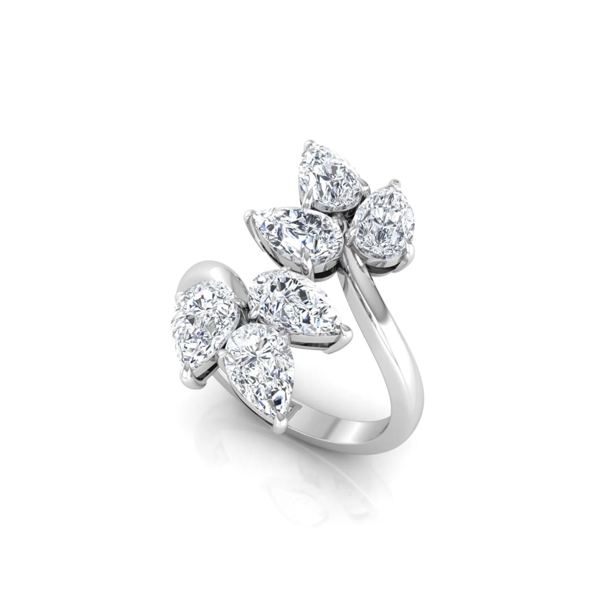 Nature Inspired Pear Cut Lab Grown Diamond Open Wrap Ring featuring pear-shaped diamonds in a prong setting with an elegant white gold tone open wrap leaf-inspired design.