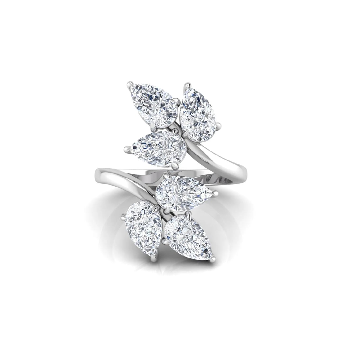 Nature Inspired Pear Cut Lab Grown Diamond Open Wrap Ring featuring pear-shaped diamonds in a prong setting with an elegant white gold tone open wrap leaf-inspired design.