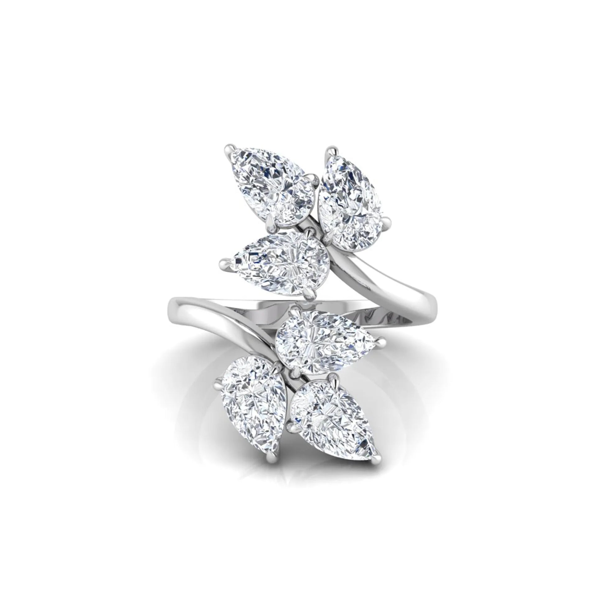 Nature Inspired Pear Cut Lab Grown Diamond Open Wrap Ring featuring pear-shaped diamonds in a prong setting with an elegant white gold tone open wrap leaf-inspired design.