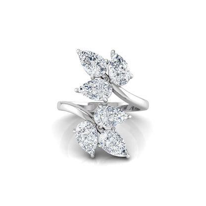 Nature Inspired Pear Cut Lab Grown Diamond Open Wrap Ring featuring pear-shaped diamonds in a prong setting with an elegant white gold tone open wrap leaf-inspired design.