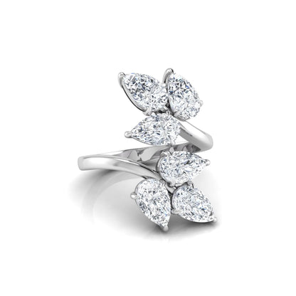 Nature Inspired Pear Cut Lab Grown Diamond Open Wrap Ring featuring pear-shaped diamonds in a prong setting with an elegant white gold tone open wrap leaf-inspired design.