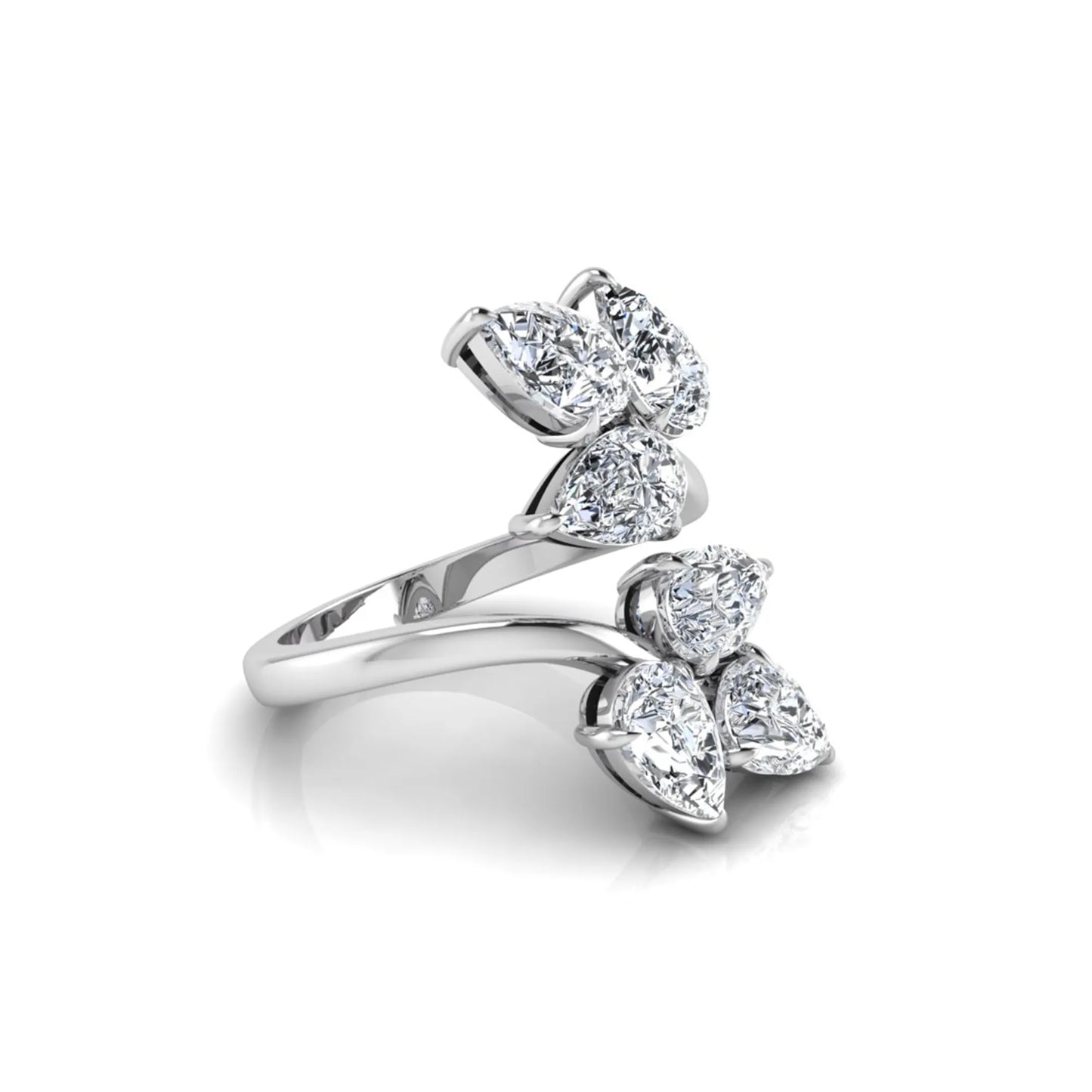 Nature Inspired Pear Cut Lab Grown Diamond Open Wrap Ring featuring pear-shaped diamonds in a prong setting with an elegant white gold tone open wrap leaf-inspired design.