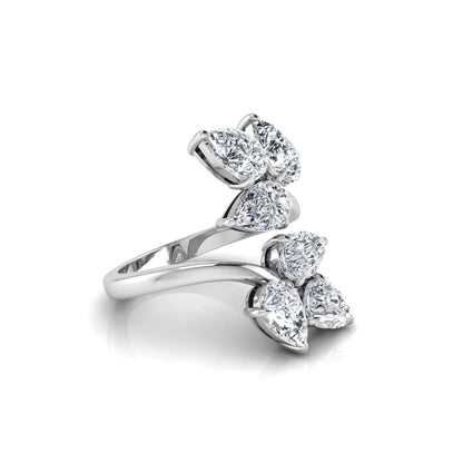 Nature Inspired Pear Cut Lab Grown Diamond Open Wrap Ring featuring pear-shaped diamonds in a prong setting with an elegant white gold tone open wrap leaf-inspired design.