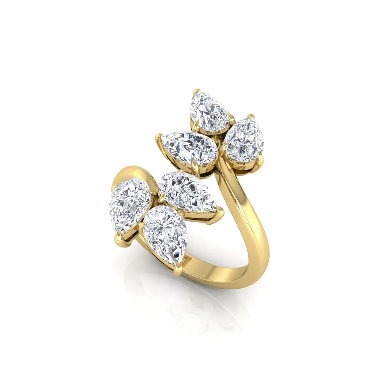 Nature Inspired Pear Cut Lab Grown Diamond Open Wrap Ring featuring pear-shaped diamonds in a prong setting with an elegant yellow gold tone open wrap leaf-inspired design.