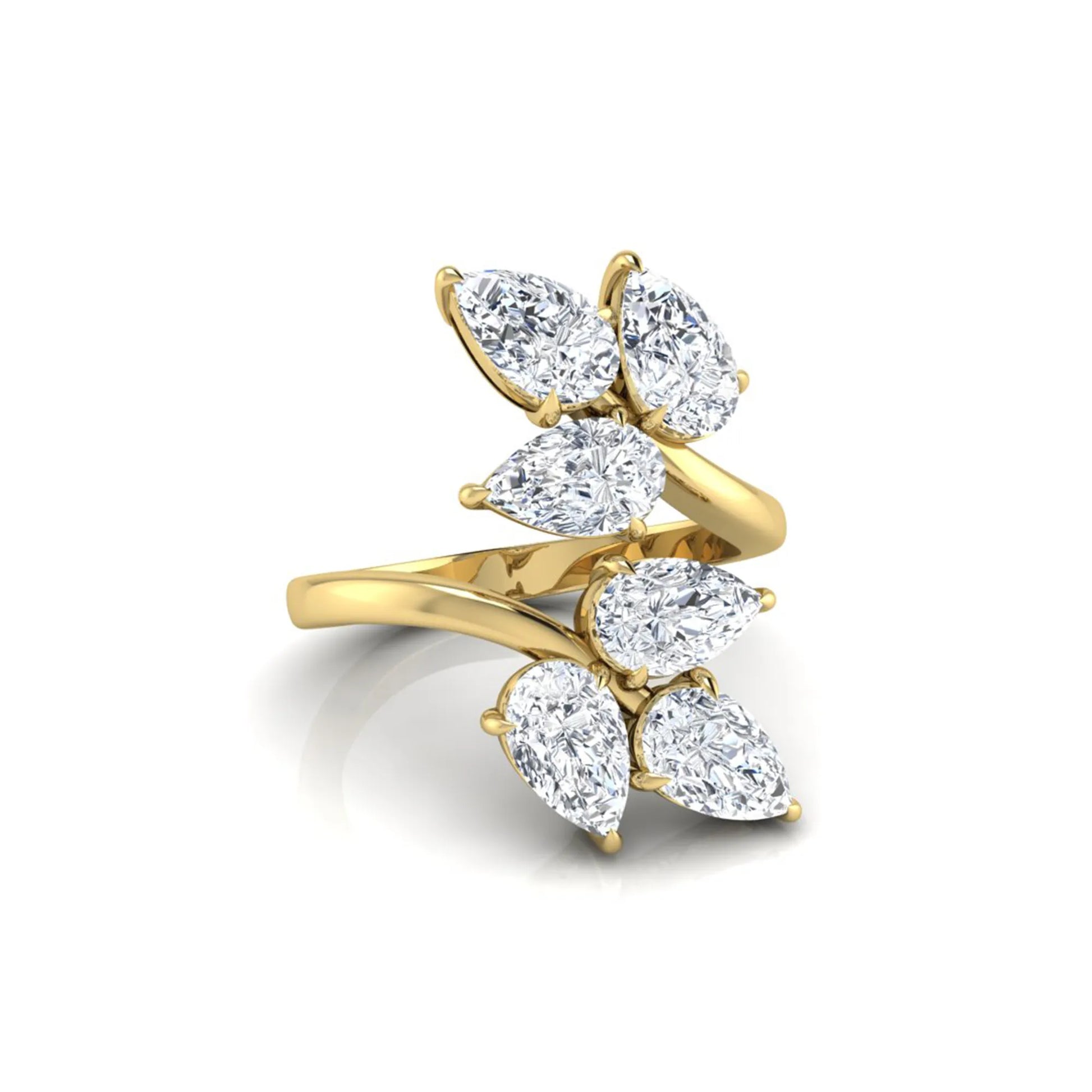 Nature Inspired Pear Cut Lab Grown Diamond Open Wrap Ring featuring pear-shaped diamonds in a prong setting with an elegant yellow gold tone open wrap leaf-inspired design.