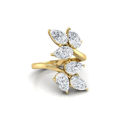 Nature Inspired Pear Cut Lab Grown Diamond Open Wrap Ring featuring pear-shaped diamonds in a prong setting with an elegant yellow gold tone open wrap leaf-inspired design.