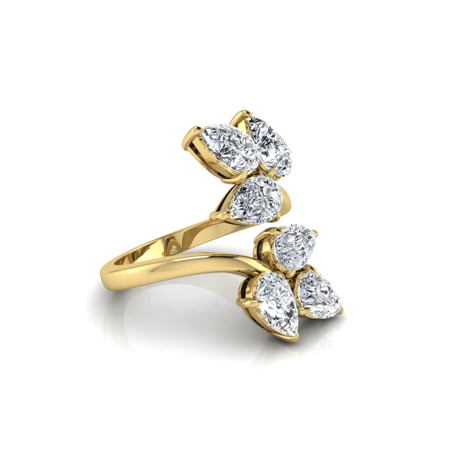Nature Inspired Pear Cut Lab Grown Diamond Open Wrap Ring featuring pear-shaped diamonds in a prong setting with an elegant yellow gold tone open wrap leaf-inspired design.