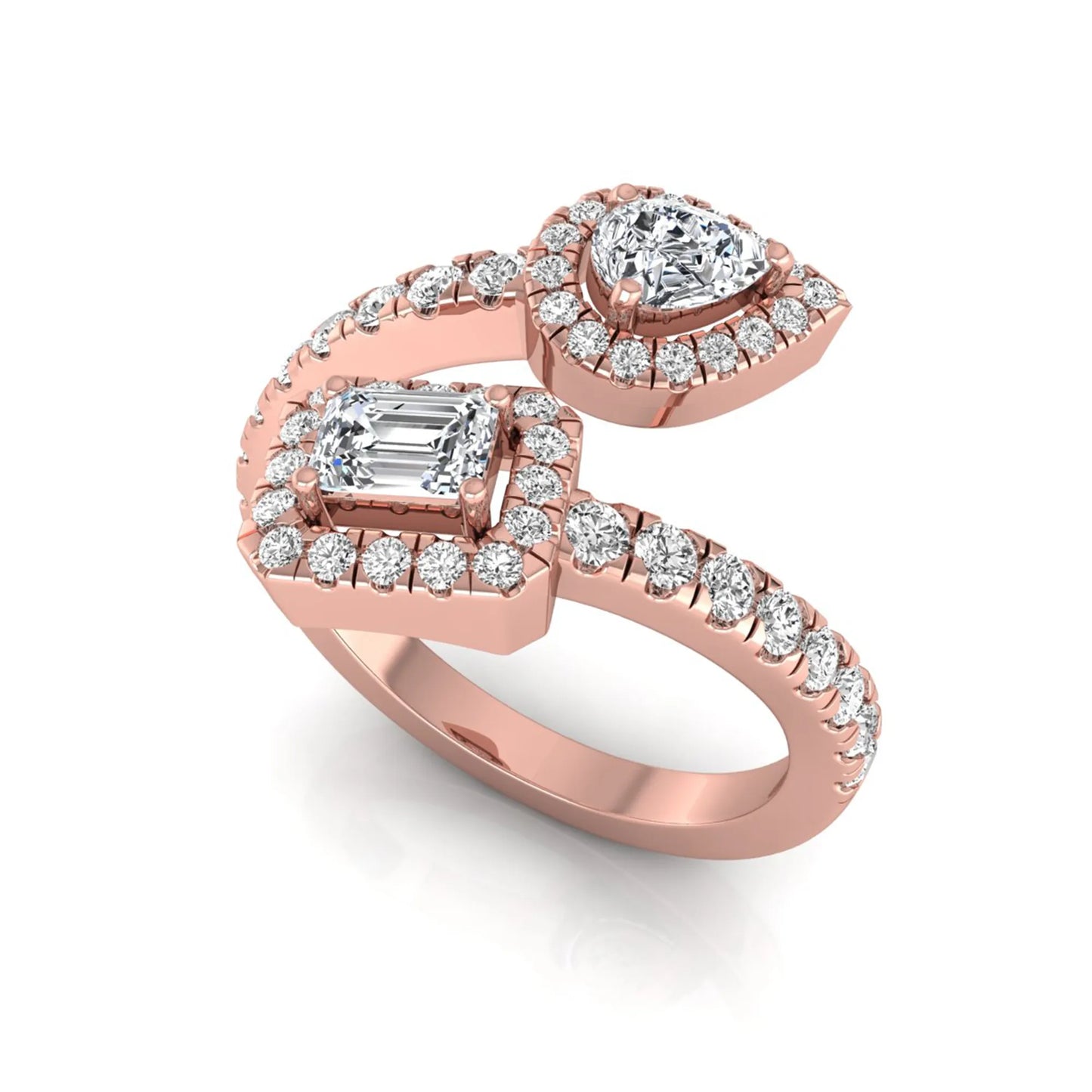 rose gold Open bypass lab grown diamond wrap ring featuring pear cut and emerald cut diamonds surrounded by halo accents with a pavé diamond band.