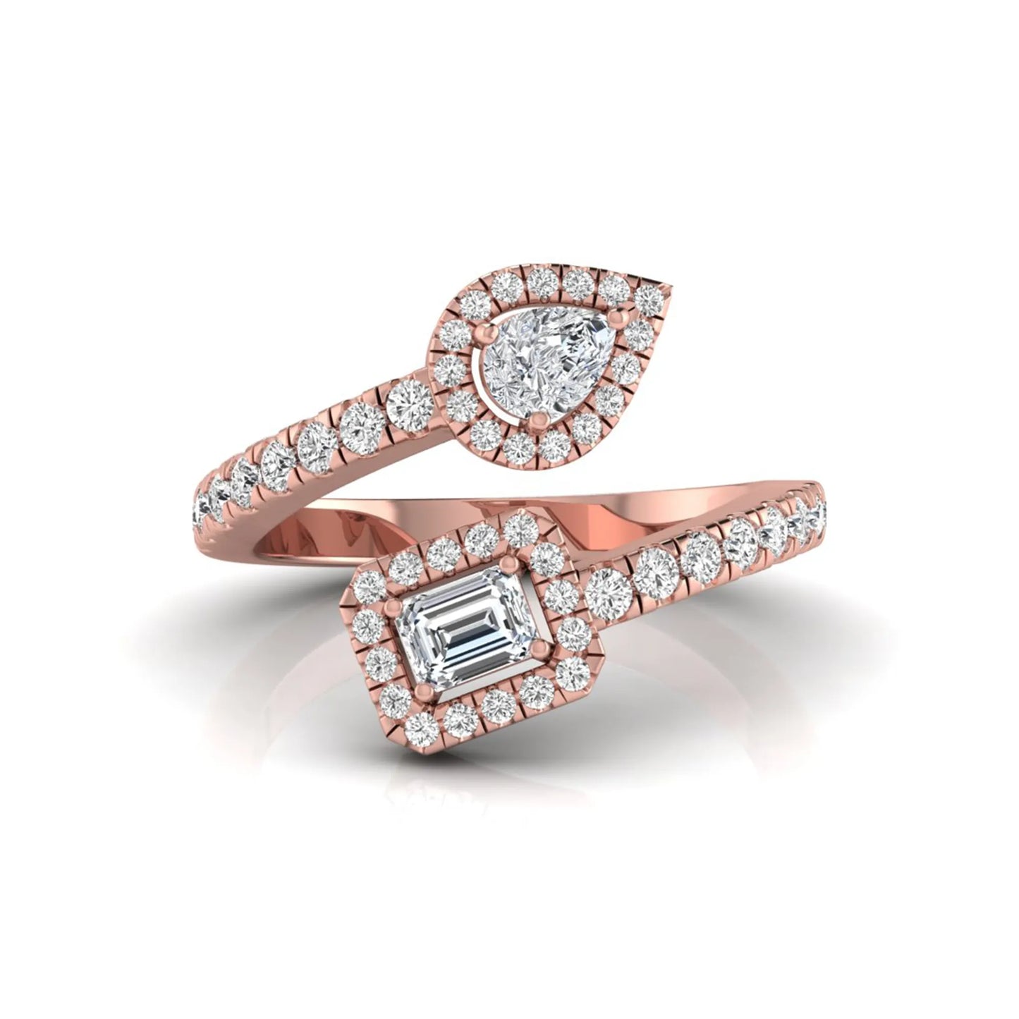 rose gold Open bypass lab grown diamond wrap ring featuring pear cut and emerald cut diamonds surrounded by halo accents with a pavé diamond band.