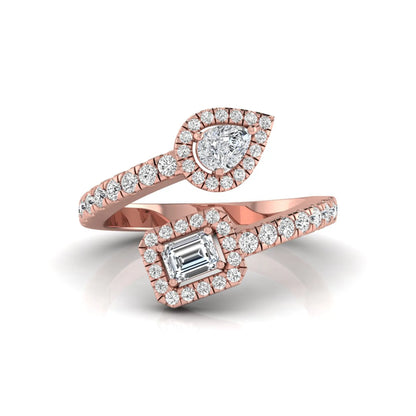 rose gold Open bypass lab grown diamond wrap ring featuring pear cut and emerald cut diamonds surrounded by halo accents with a pavé diamond band.