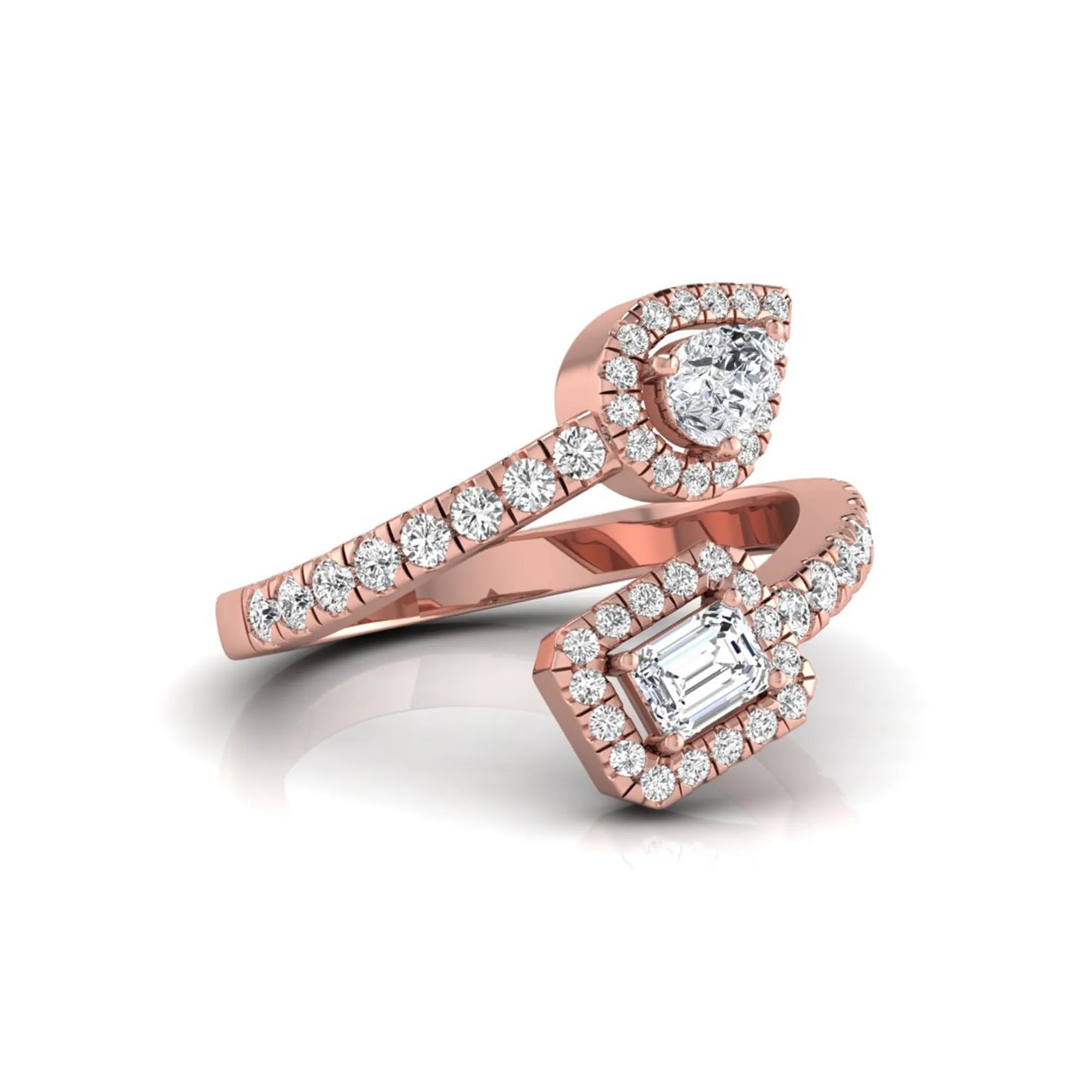 rose gold Open bypass lab grown diamond wrap ring featuring pear cut and emerald cut diamonds surrounded by halo accents with a pavé diamond band.