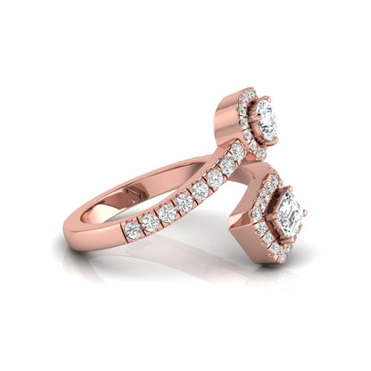 rose gold Open bypass lab grown diamond wrap ring featuring pear cut and emerald cut diamonds surrounded by halo accents with a pavé diamond band.