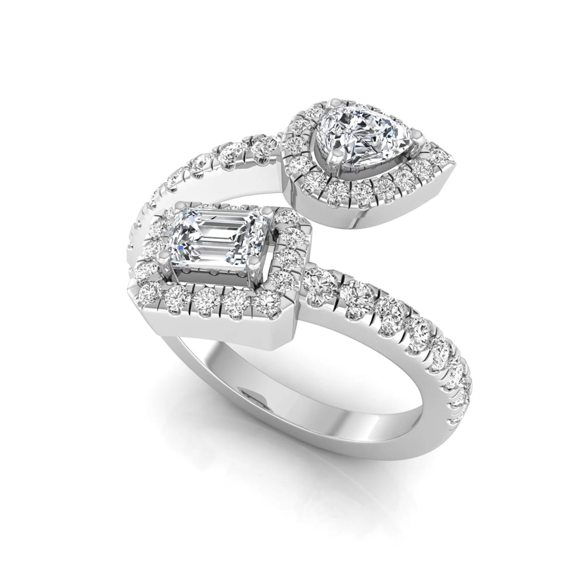 white gold Open bypass lab grown diamond wrap ring featuring pear cut and emerald cut diamonds surrounded by halo accents with a pavé diamond band.
