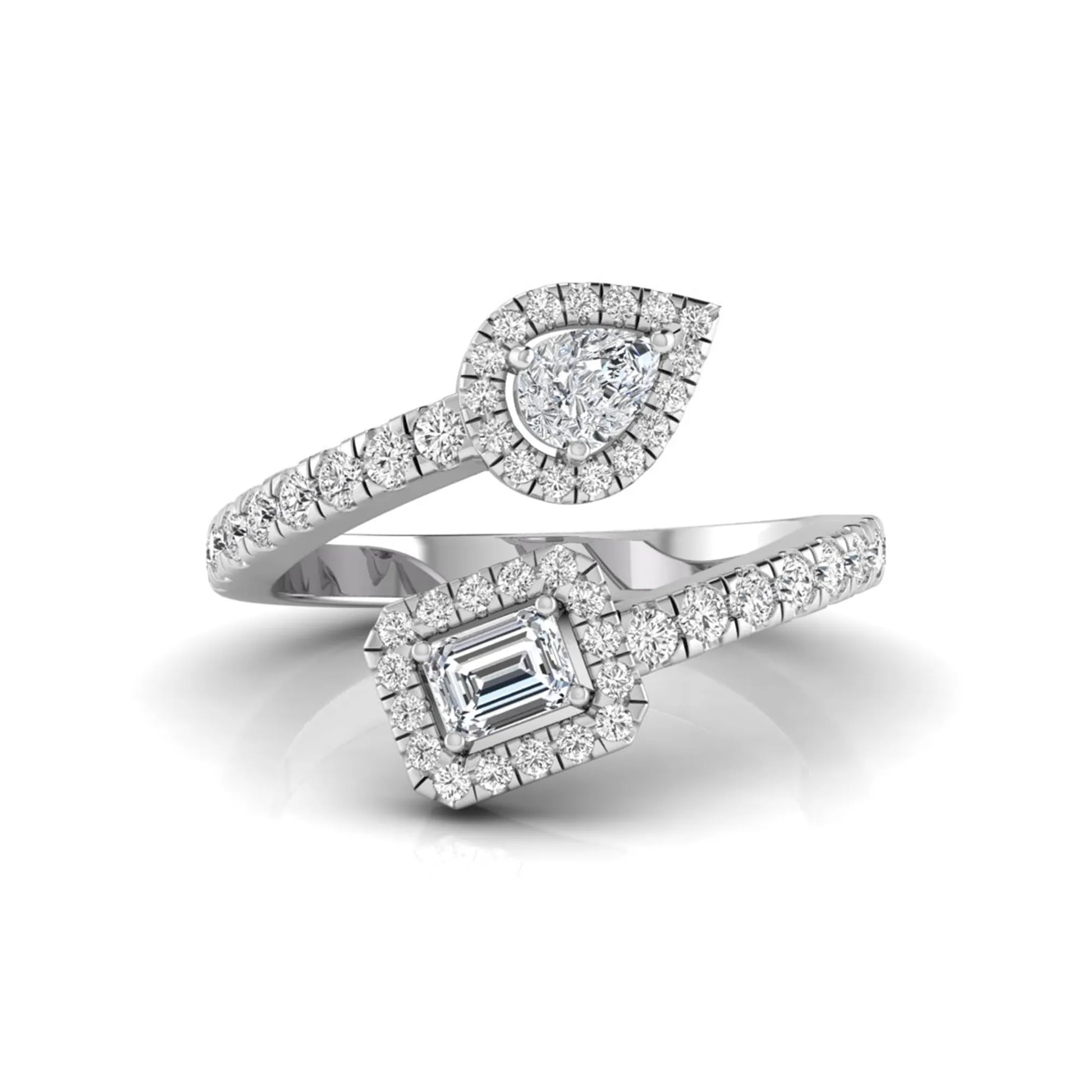 white gold Open bypass lab grown diamond wrap ring featuring pear cut and emerald cut diamonds surrounded by halo accents with a pavé diamond band.