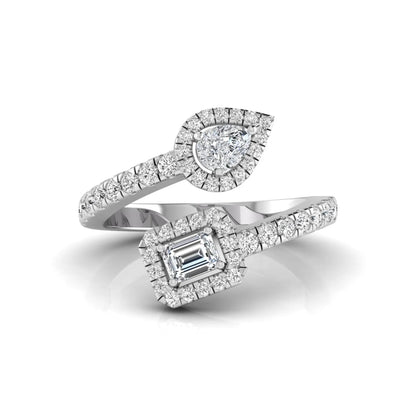 white gold Open bypass lab grown diamond wrap ring featuring pear cut and emerald cut diamonds surrounded by halo accents with a pavé diamond band.