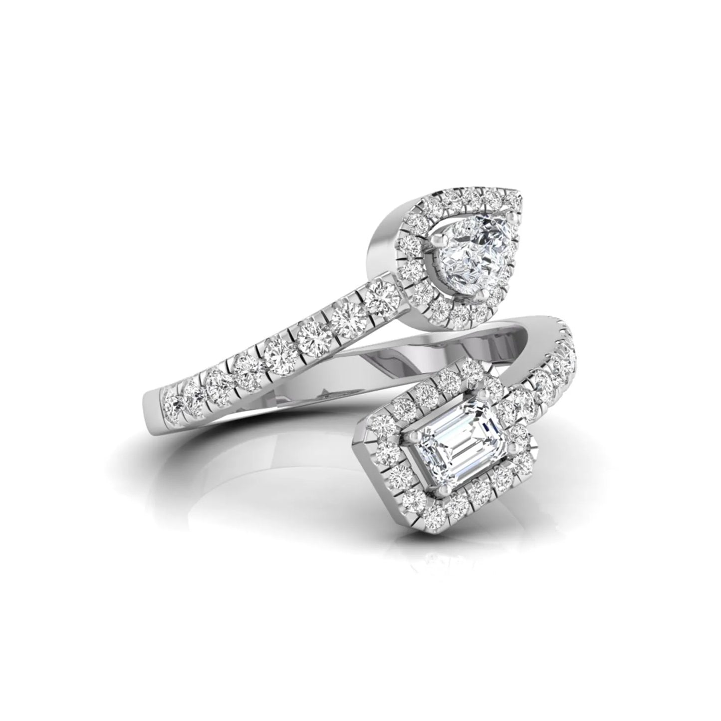 white gold Open bypass lab grown diamond wrap ring featuring pear cut and emerald cut diamonds surrounded by halo accents with a pavé diamond band.