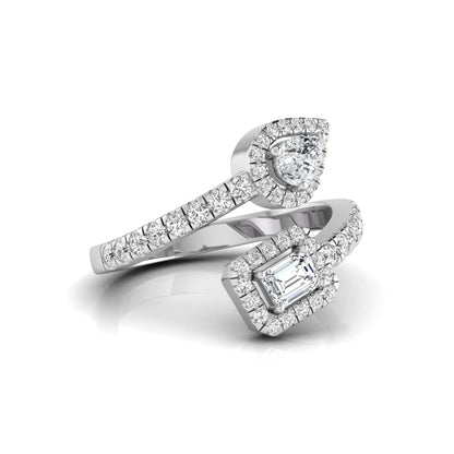 white gold Open bypass lab grown diamond wrap ring featuring pear cut and emerald cut diamonds surrounded by halo accents with a pavé diamond band.