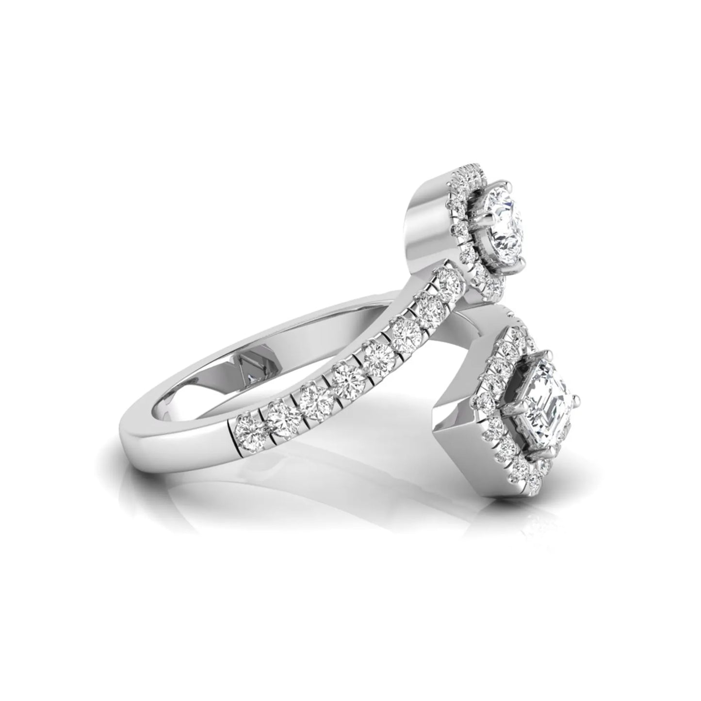 white gold Open bypass lab grown diamond wrap ring featuring pear cut and emerald cut diamonds surrounded by halo accents with a pavé diamond band.
