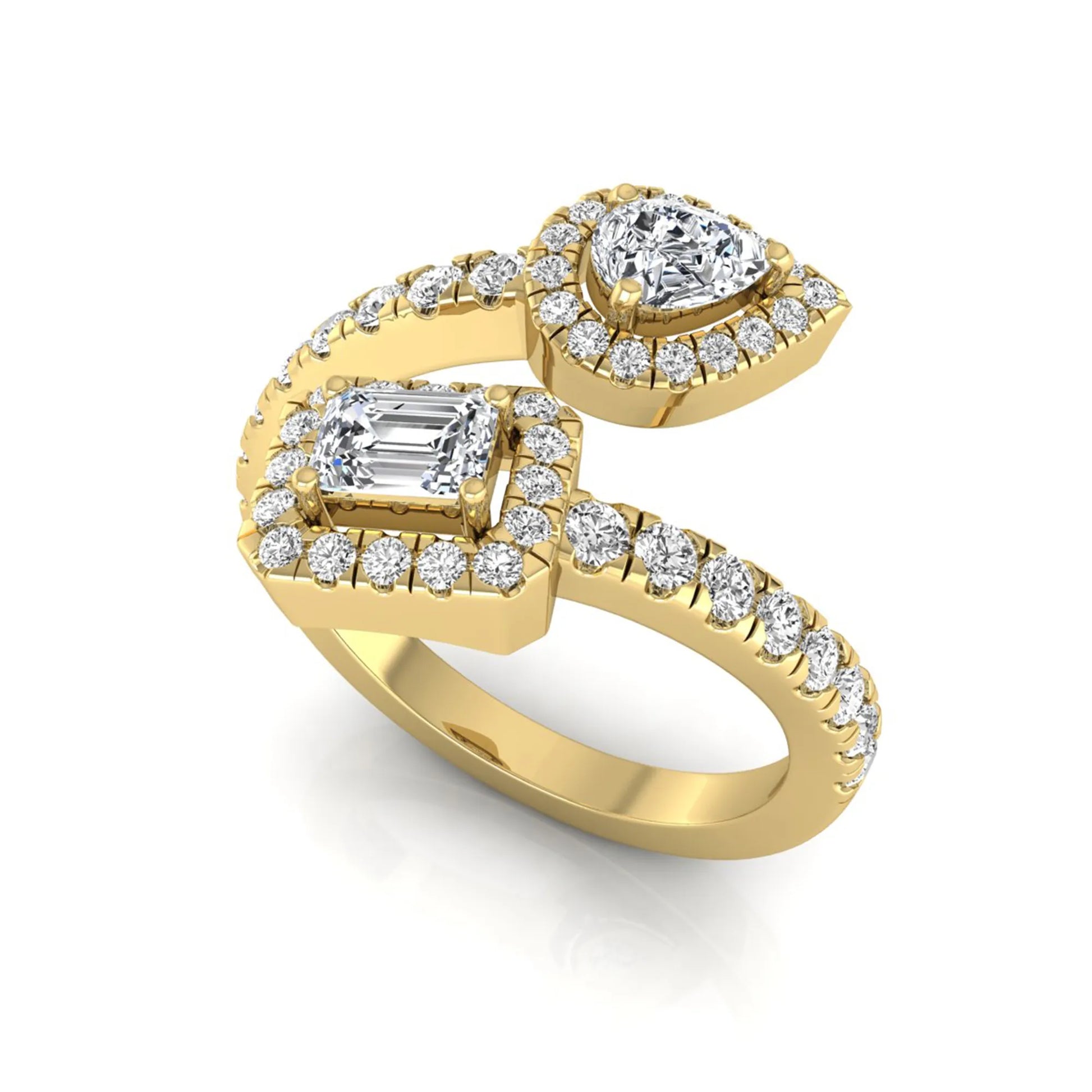 yellow gold Open bypass lab grown diamond wrap ring featuring pear cut and emerald cut diamonds surrounded by halo accents with a pavé diamond band.