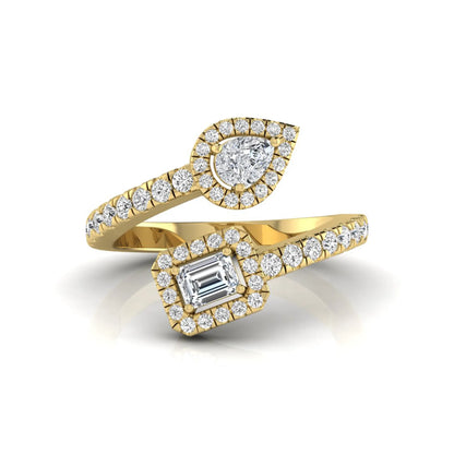 yellow gold Open bypass lab grown diamond wrap ring featuring pear cut and emerald cut diamonds surrounded by halo accents with a pavé diamond band.
