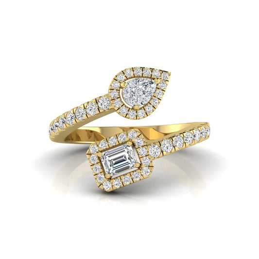 yellow gold Open bypass lab grown diamond wrap ring featuring pear cut and emerald cut diamonds surrounded by halo accents with a pavé diamond band.