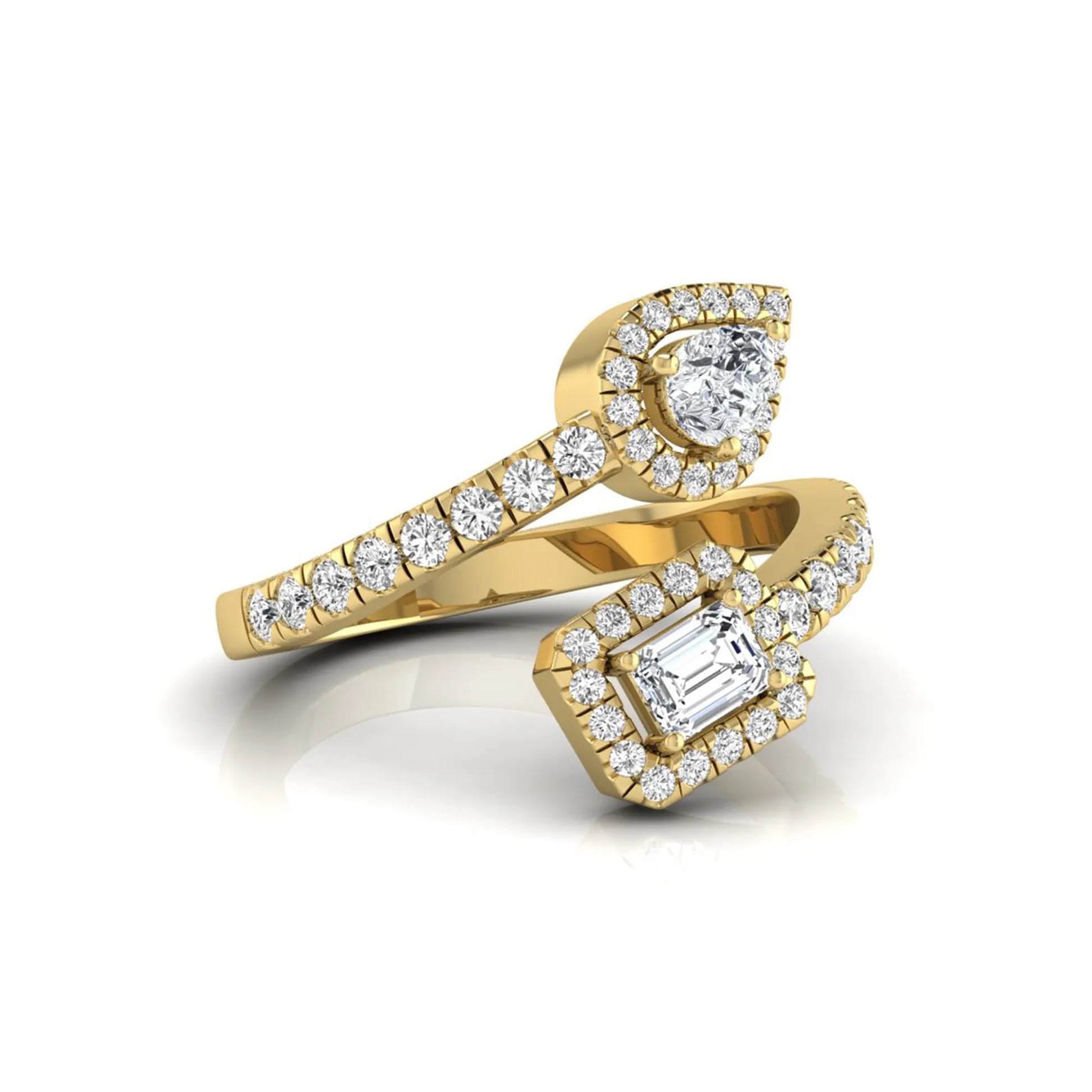 yellow gold Open bypass lab grown diamond wrap ring featuring pear cut and emerald cut diamonds surrounded by halo accents with a pavé diamond band.