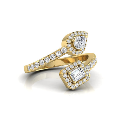 yellow gold Open bypass lab grown diamond wrap ring featuring pear cut and emerald cut diamonds surrounded by halo accents with a pavé diamond band.